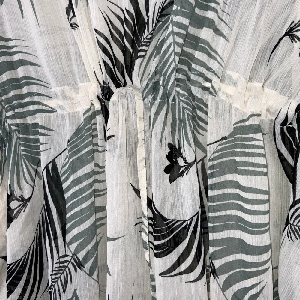Kona Sol Gray & Black Palm Leaves Midi Kimono Swimsuit Cover Large